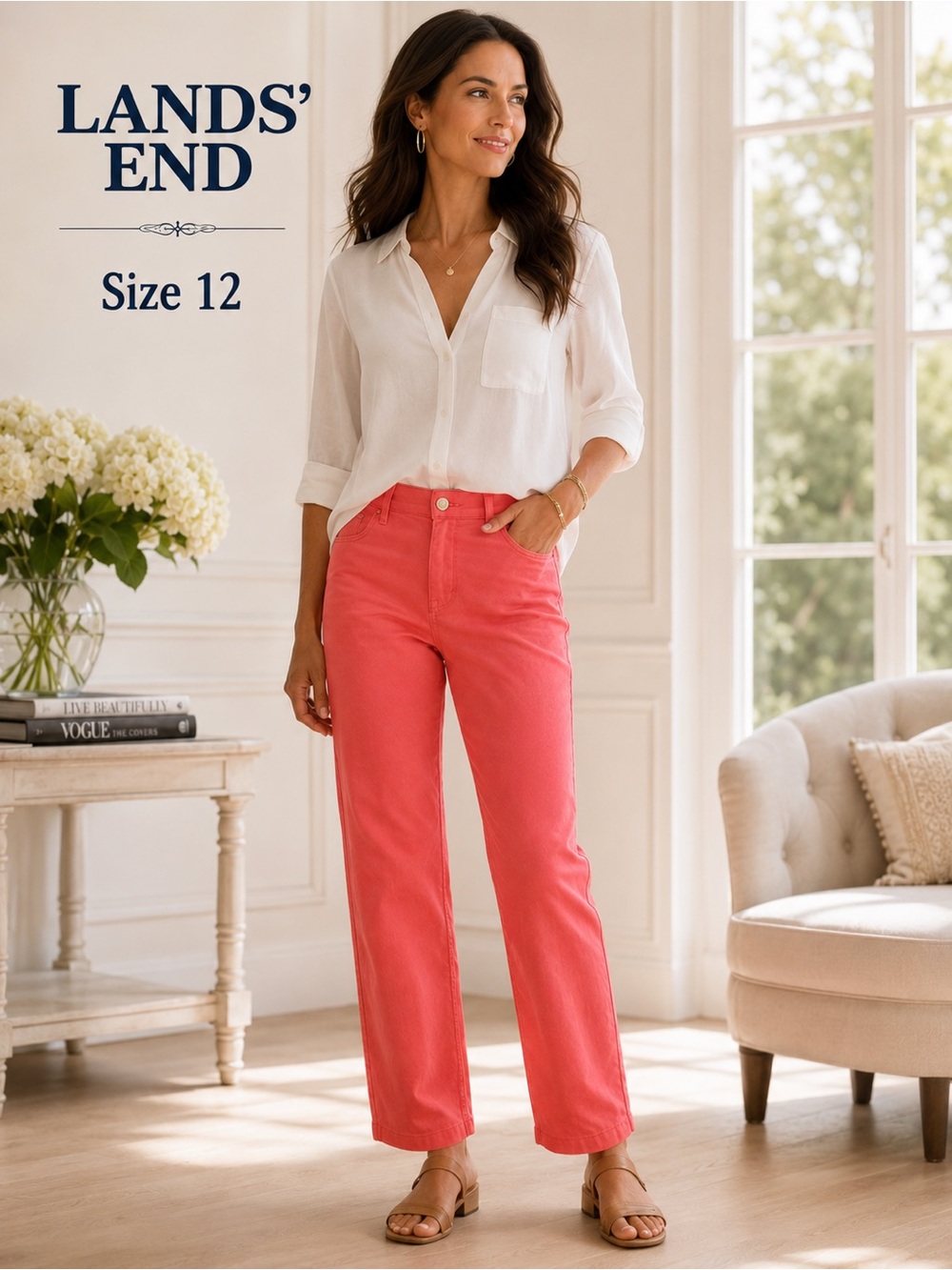 Lands’ End Coral Stretch Straight Leg Pants Women’s 12